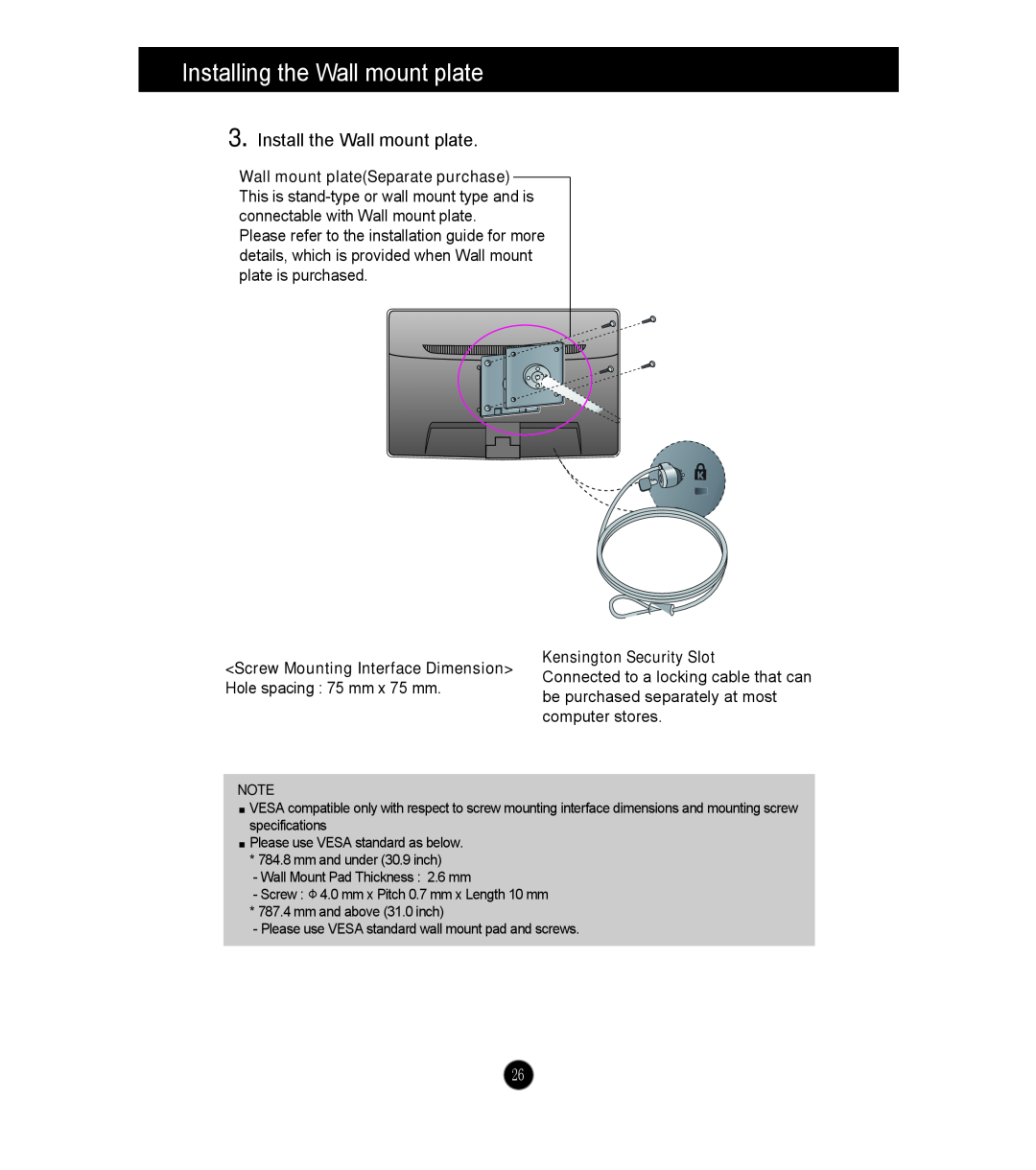 LG Electronics E2341VG Install the Wall mount plate, Installing the Wall mount plate, Screw Mounting Interface Dimension 