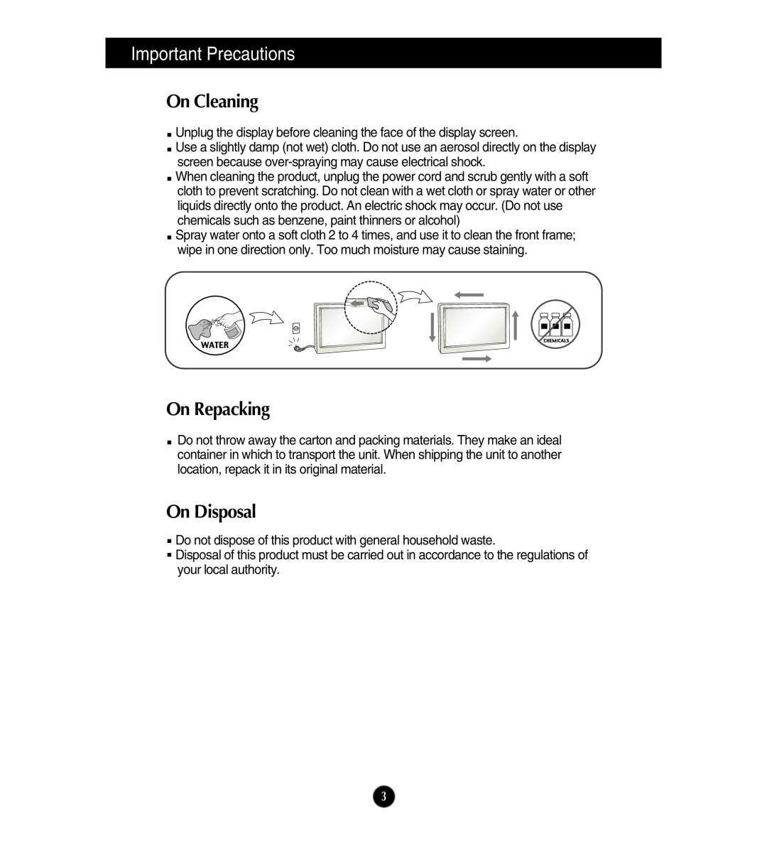 LG Electronics E2441V, E2241V, E2341VG manual On Cleaning, On Repacking, On Disposal, Important Precautions 