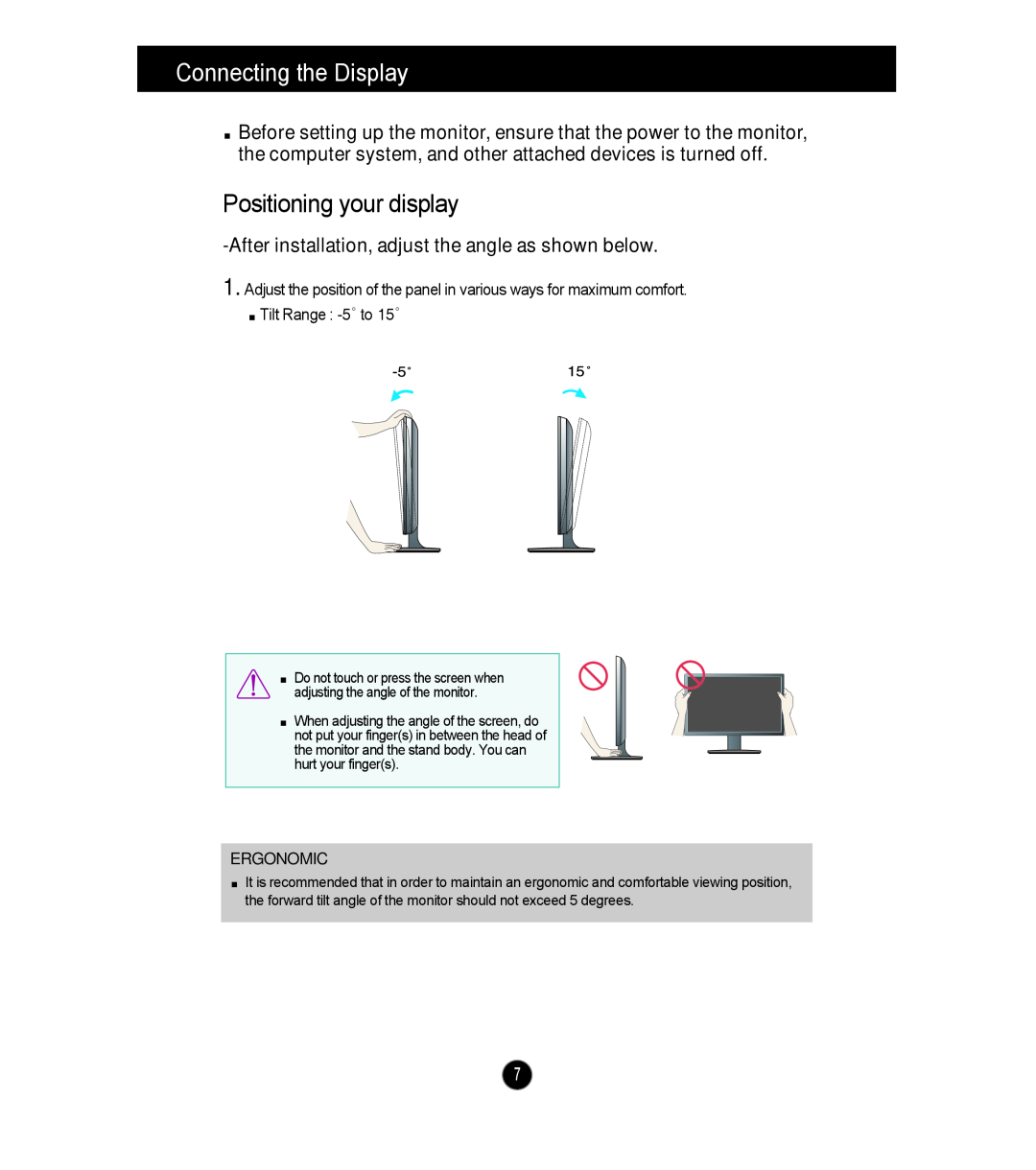 LG Electronics E2441V, E2241V Positioning your display, After installation, adjust the angle as shown below, Ergonomic 