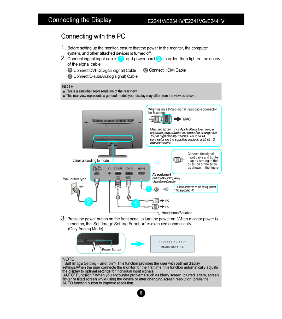 LG Electronics manual Connecting with the PC, Connecting the Display, E2241V/E2341V/E2341VG/E2441V, Only Analog Mode 