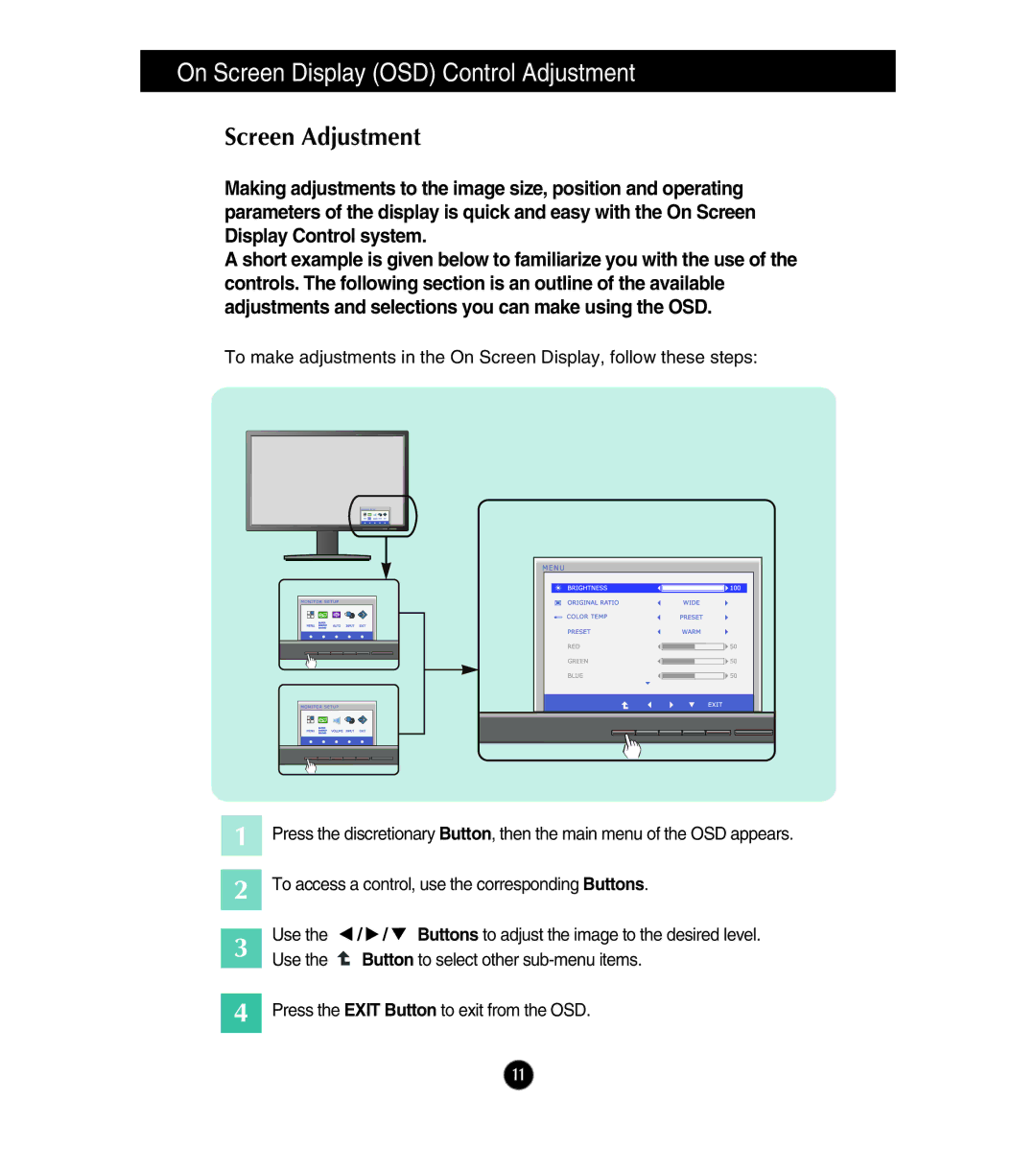 LG Electronics E2441V, E2541V, E224TV owner manual On Screen Display OSD Control Adjustment, Screen Adjustment 