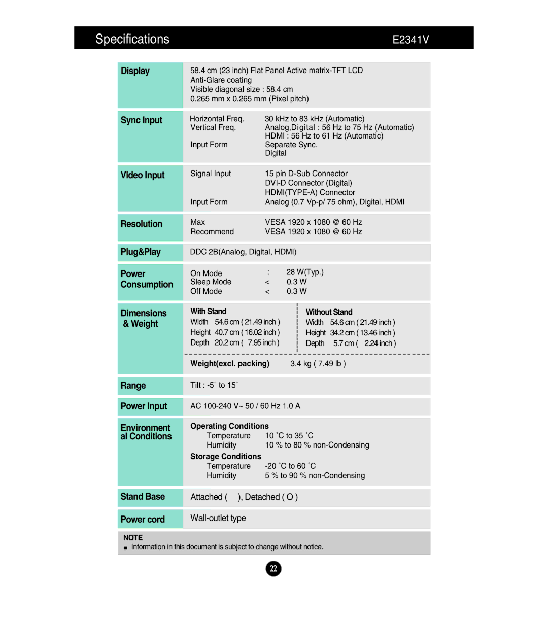 LG Electronics E224TV, E2441V, E2541V owner manual E2341V 