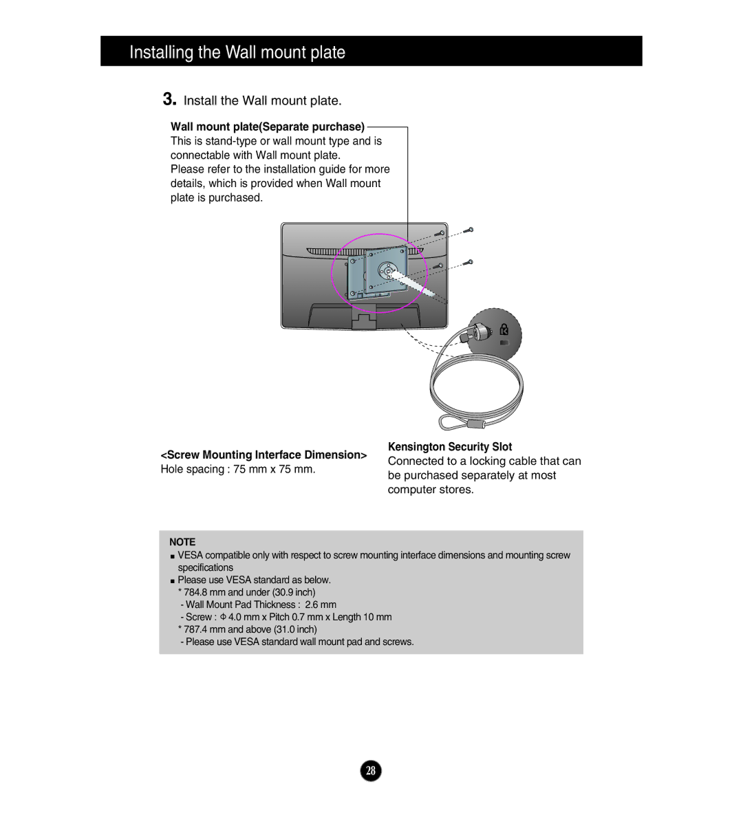 LG Electronics E224TV Wall mount plateSeparate purchase, Screw Mounting Interface Dimension Kensington Security Slot 