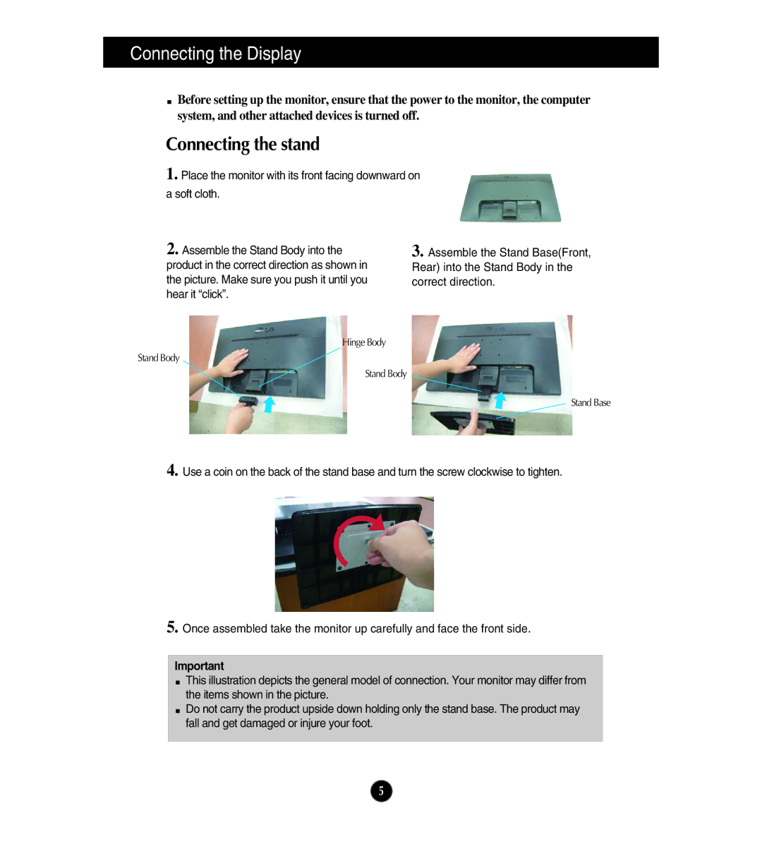 LG Electronics E2441V, E2541V, E224TV owner manual Connecting the Display, Connecting the stand 