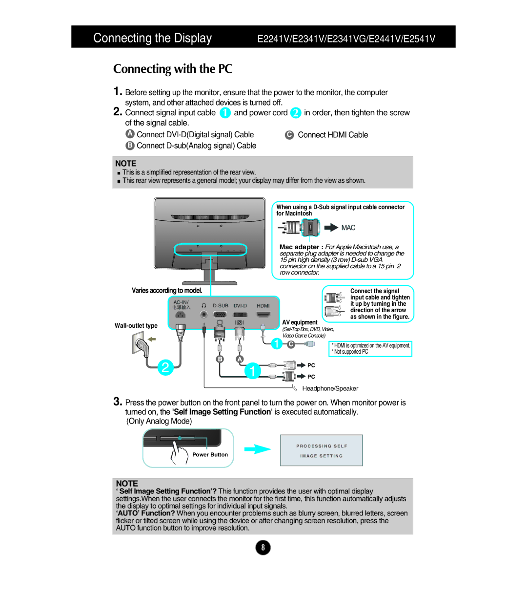 LG Electronics E2441V, E2541V, E224TV owner manual Connecting with the PC, Varies according to model 