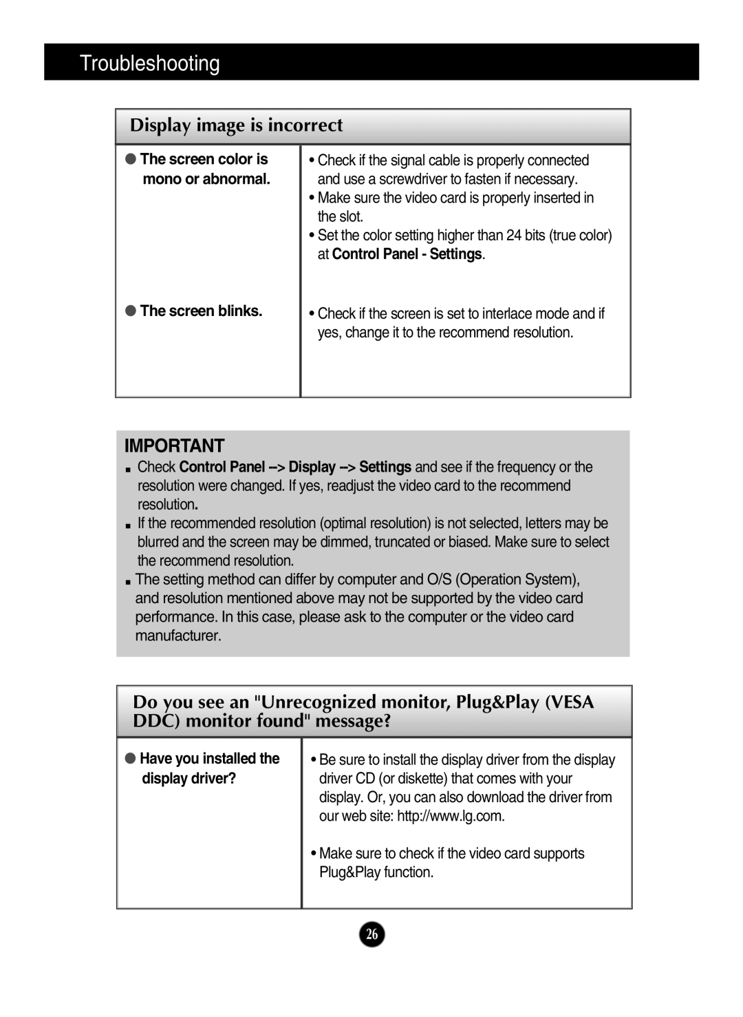 LG Electronics E2711PY owner manual Screen blinks, Have you installed the display driver? 