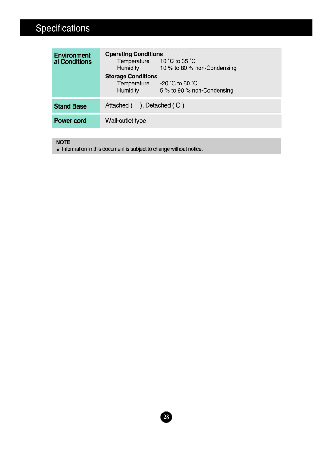 LG Electronics E2711PY owner manual Environment, Al Conditions, Stand Base, Power cord, Wall 