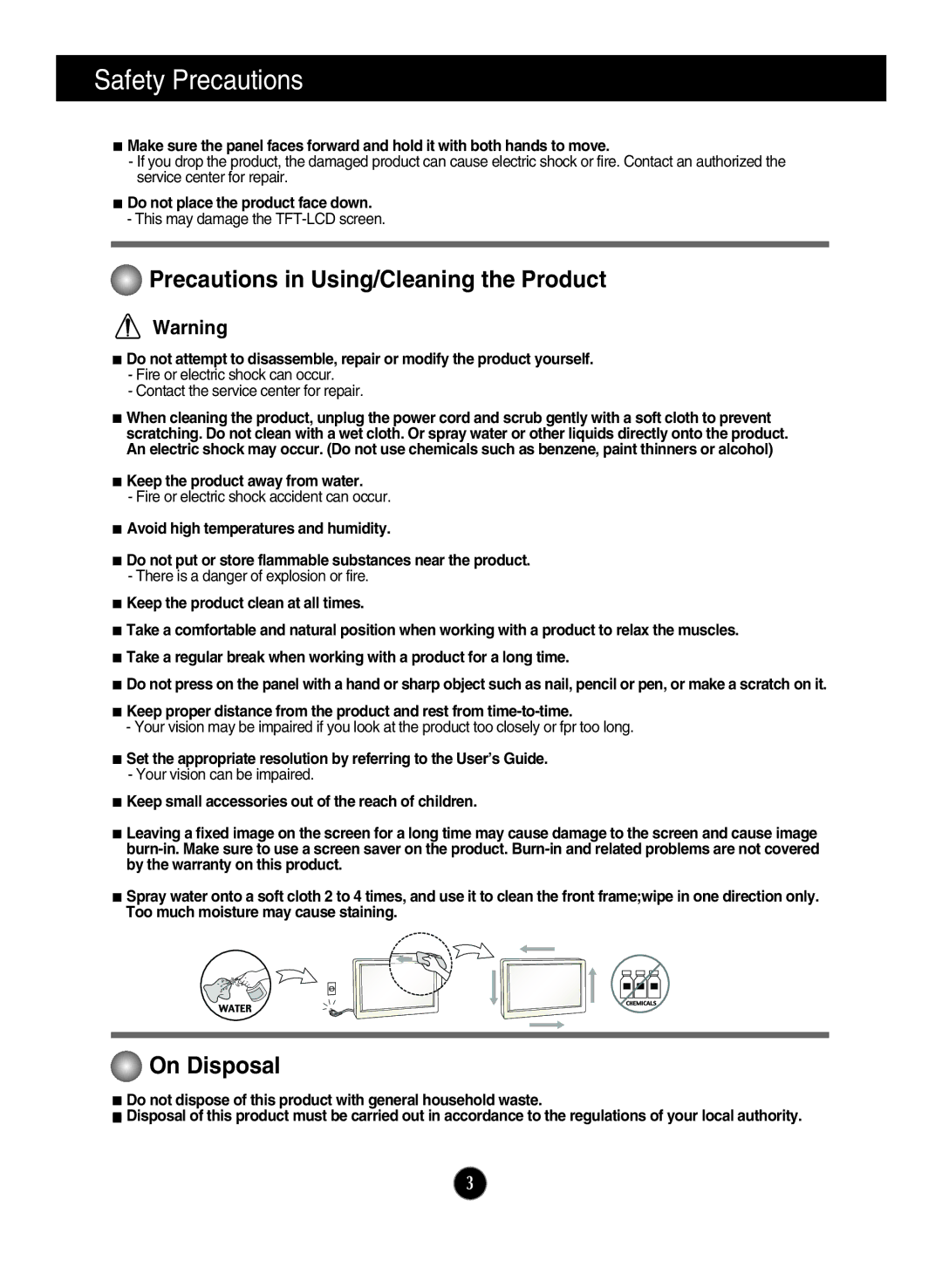 LG Electronics E2711PY owner manual Do not place the product face down, Keep the product away from water 