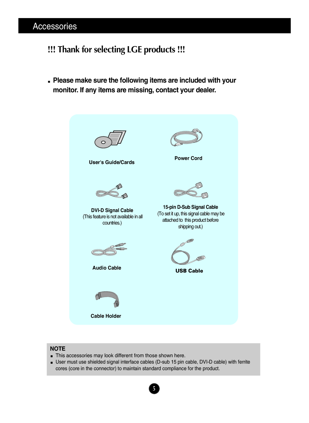 LG Electronics E2711PY owner manual Accessories, Thank for selecting LGE products, Audio Cable Cable Holder USB Cable 