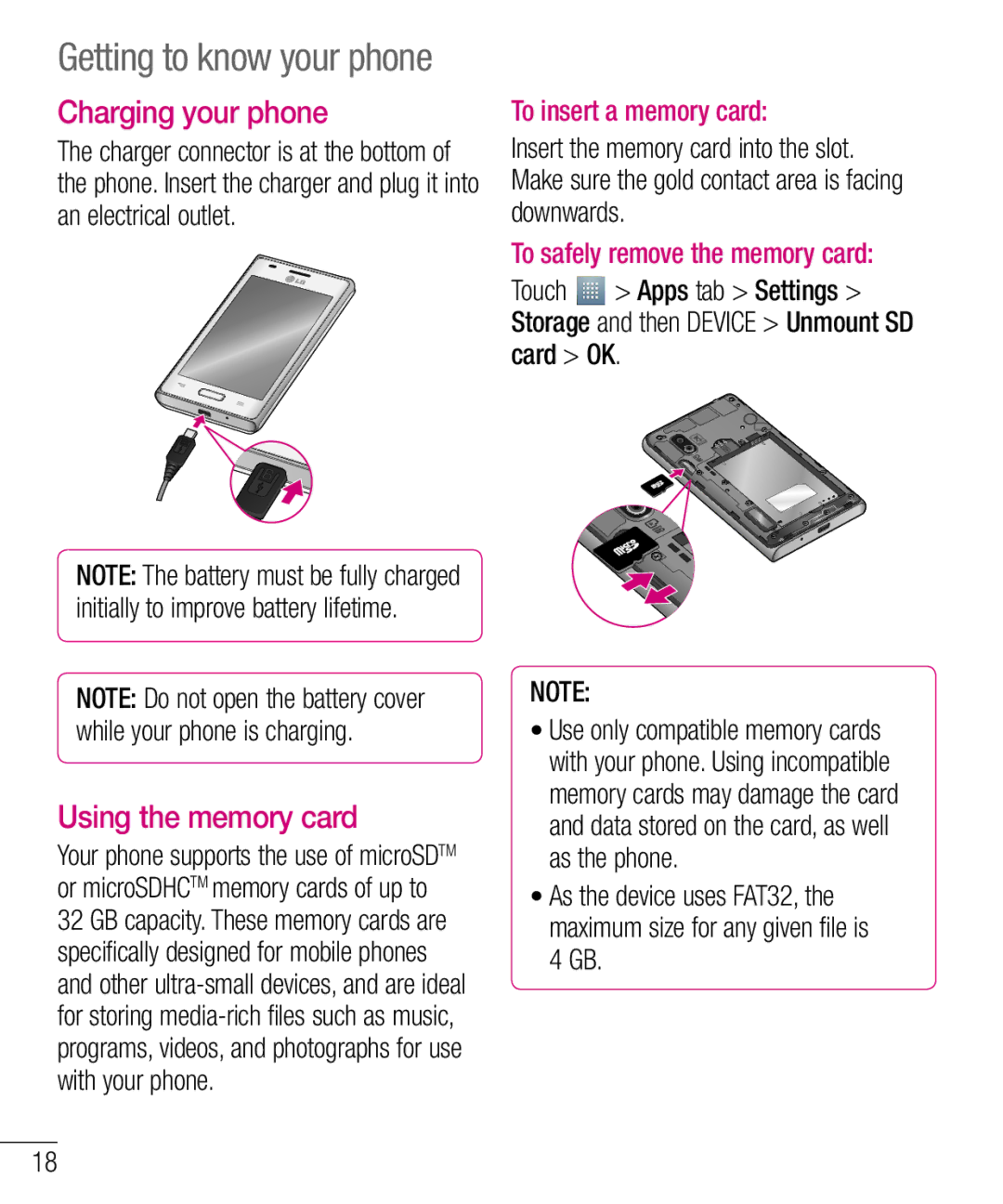 LG Electronics E610 Charging your phone, Using the memory card, To insert a memory card, To safely remove the memory card 