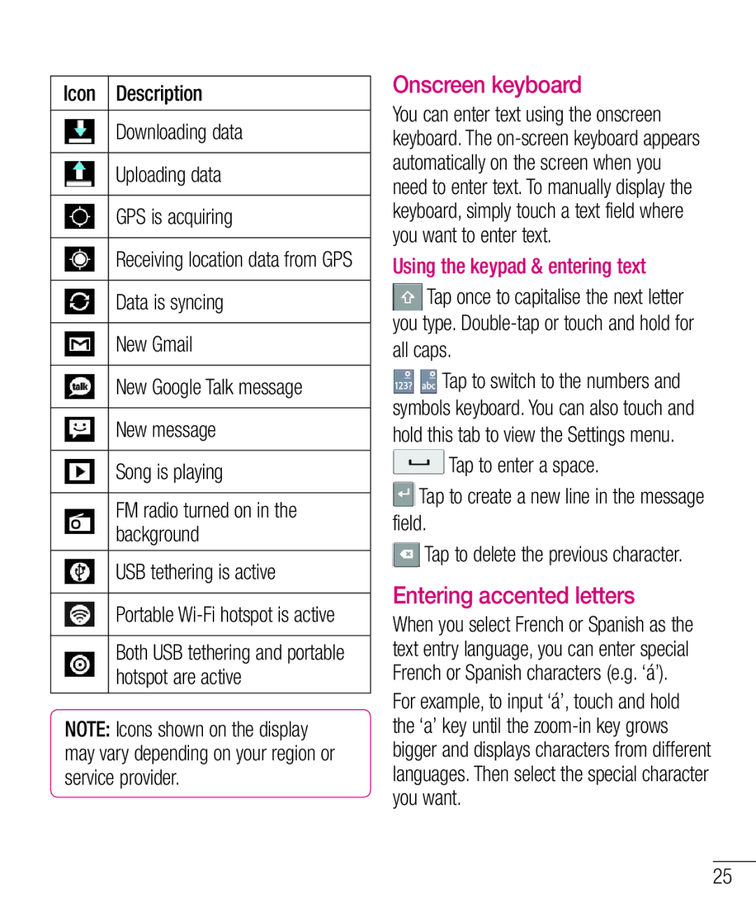 LG Electronics E610 manual Onscreen keyboard, Entering accented letters, Using the keypad & entering text 