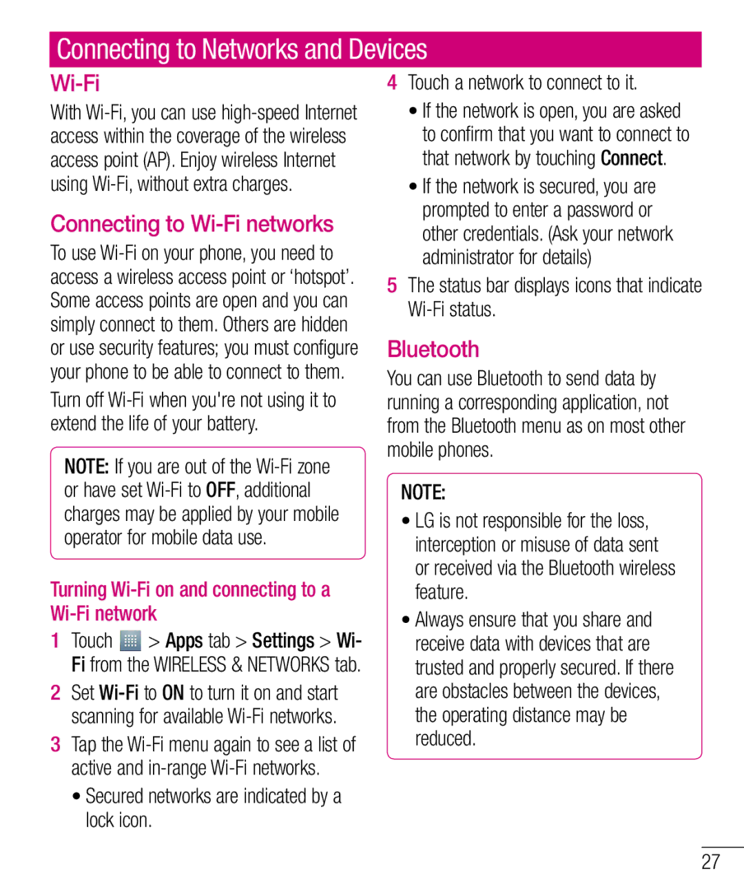 LG Electronics E610 manual Connecting to Networks and Devices, Connecting to Wi-Fi networks, Bluetooth 