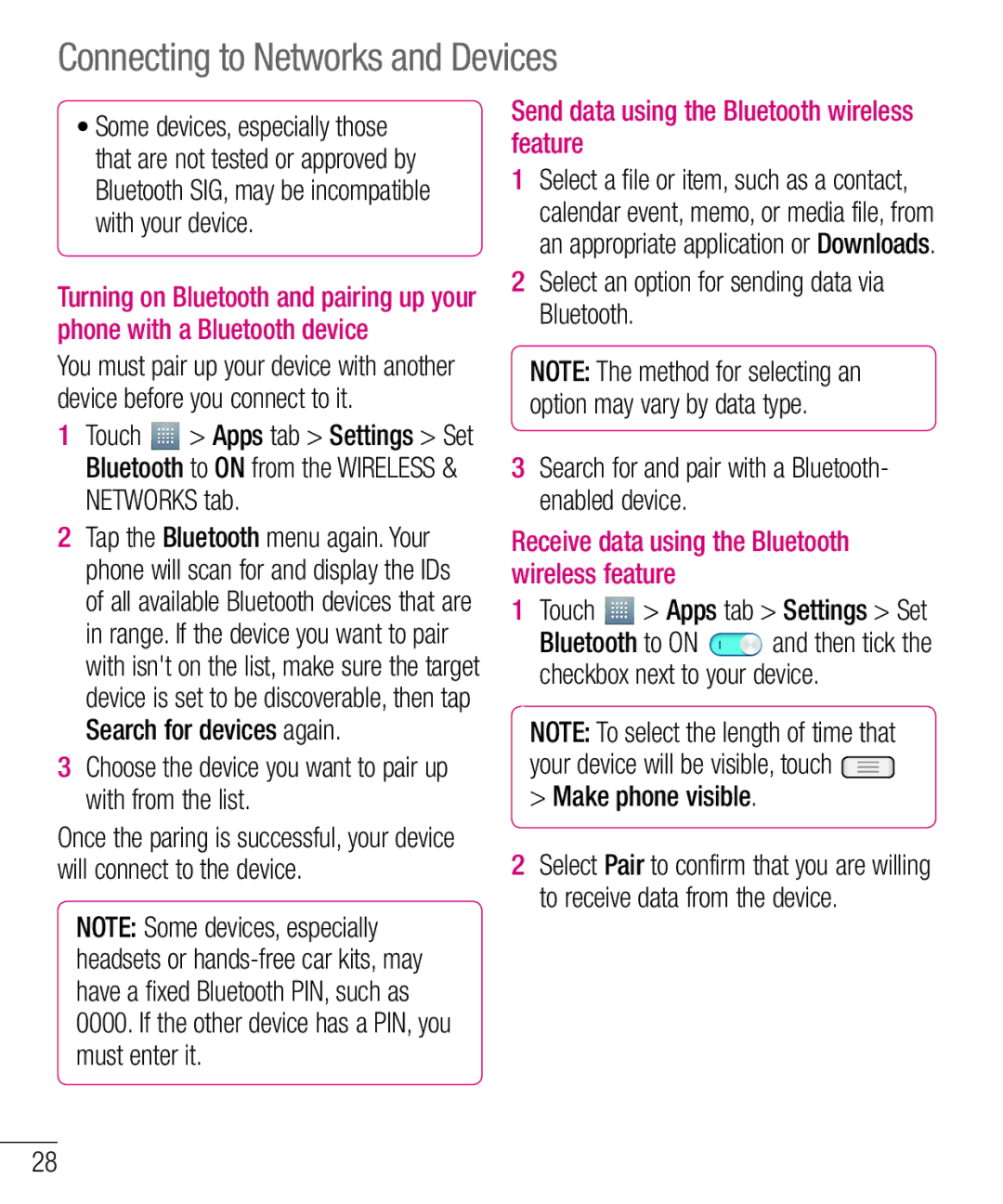 LG Electronics E610 manual Connecting to Networks and Devices, Send data using the Bluetooth wireless feature 