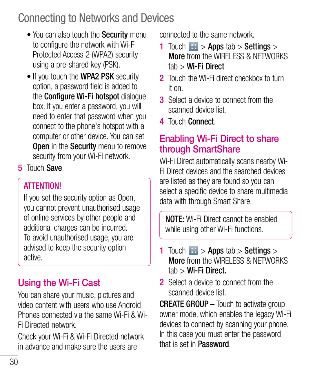 LG Electronics E610 Using the Wi-Fi Cast, Enabling Wi-Fi Direct to share through SmartShare, Touch Save, Touch Connect 