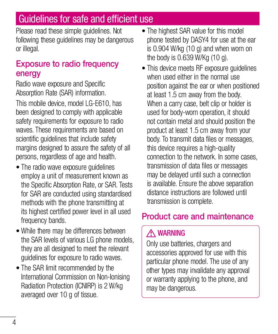 LG Electronics E610 manual Guidelines for safe and efficient use, Exposure to radio frequency energy 