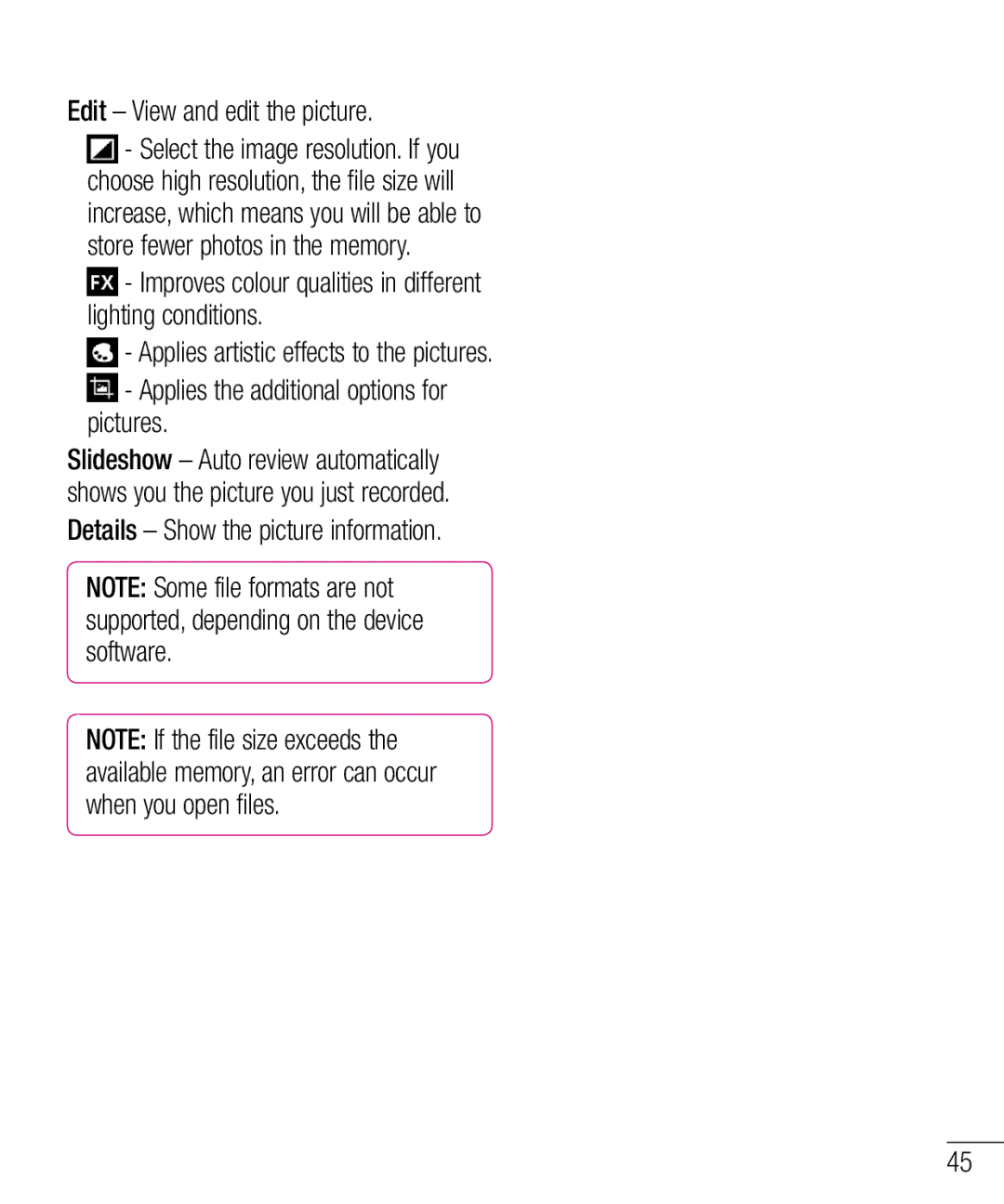 LG Electronics E610 manual Edit View and edit the picture, Details Show the picture information 