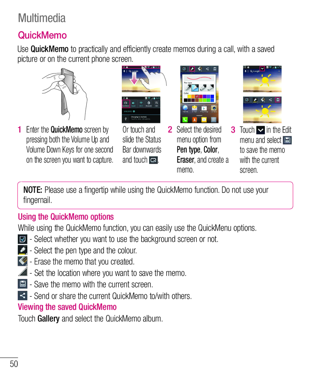 LG Electronics E610 manual Multimedia, Using the QuickMemo options, Or touch 