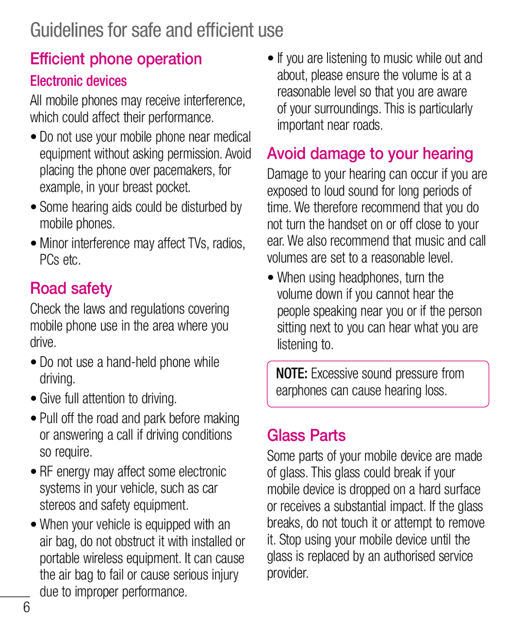 LG Electronics E610 manual Guidelines for safe and efficient use, Efficient phone operation, Road safety, Glass Parts 