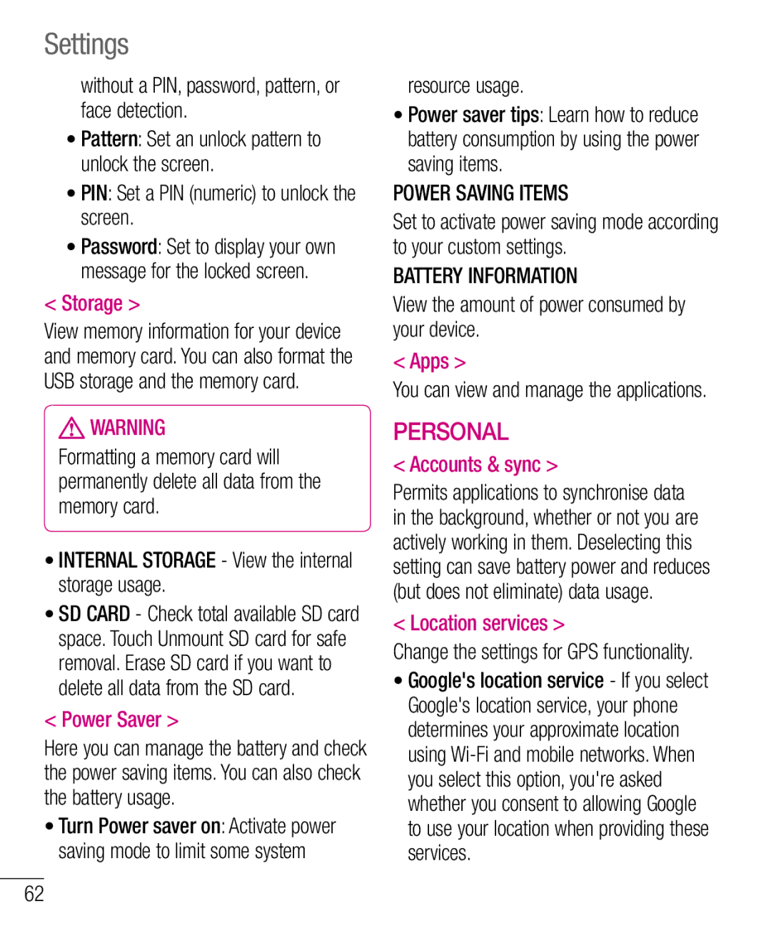 LG Electronics E610 manual Power Saving Items, Battery Information 