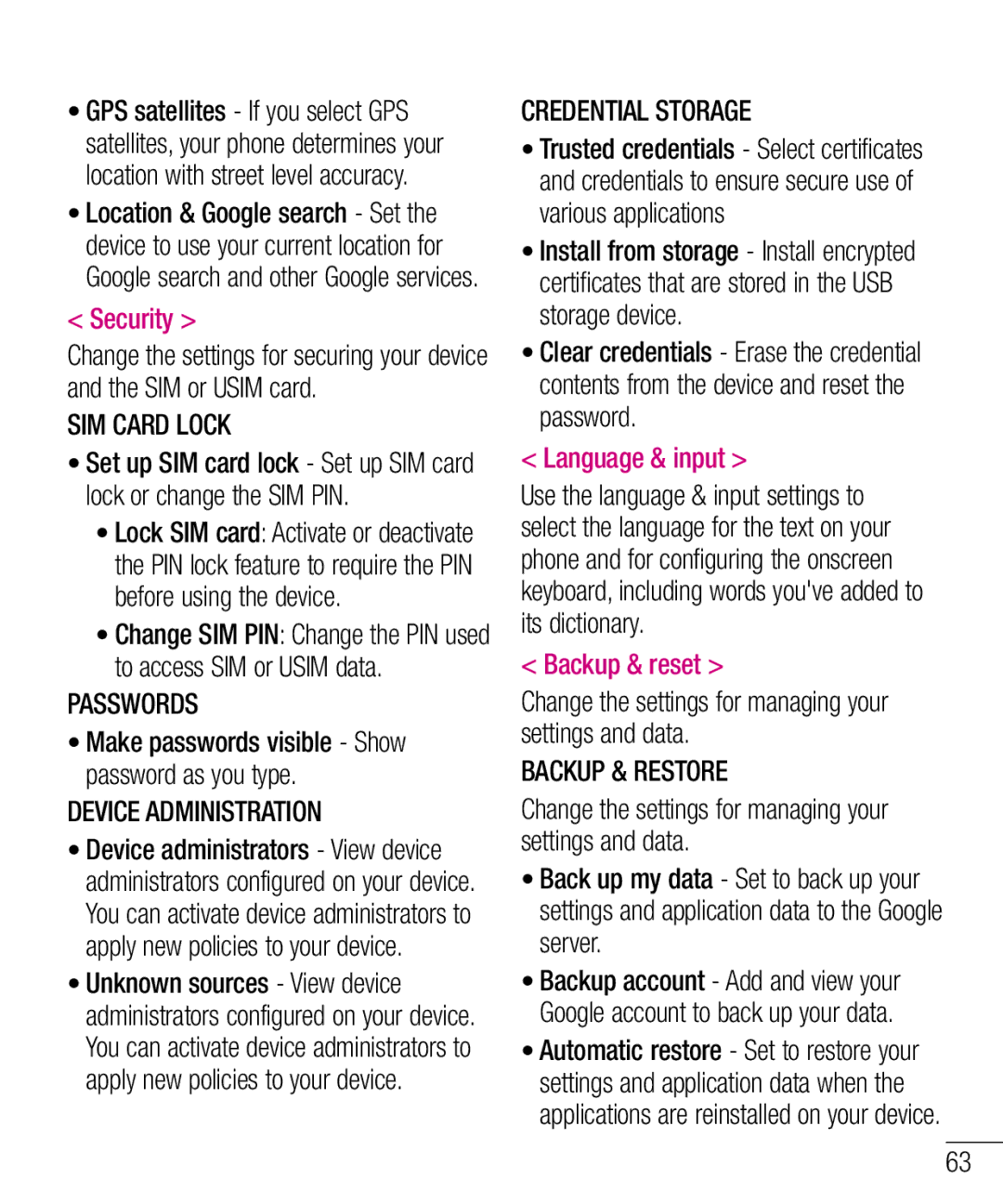 LG Electronics E610 manual SIM Card Lock, Passwords, Device Administration, Credential Storage, Backup & Restore 