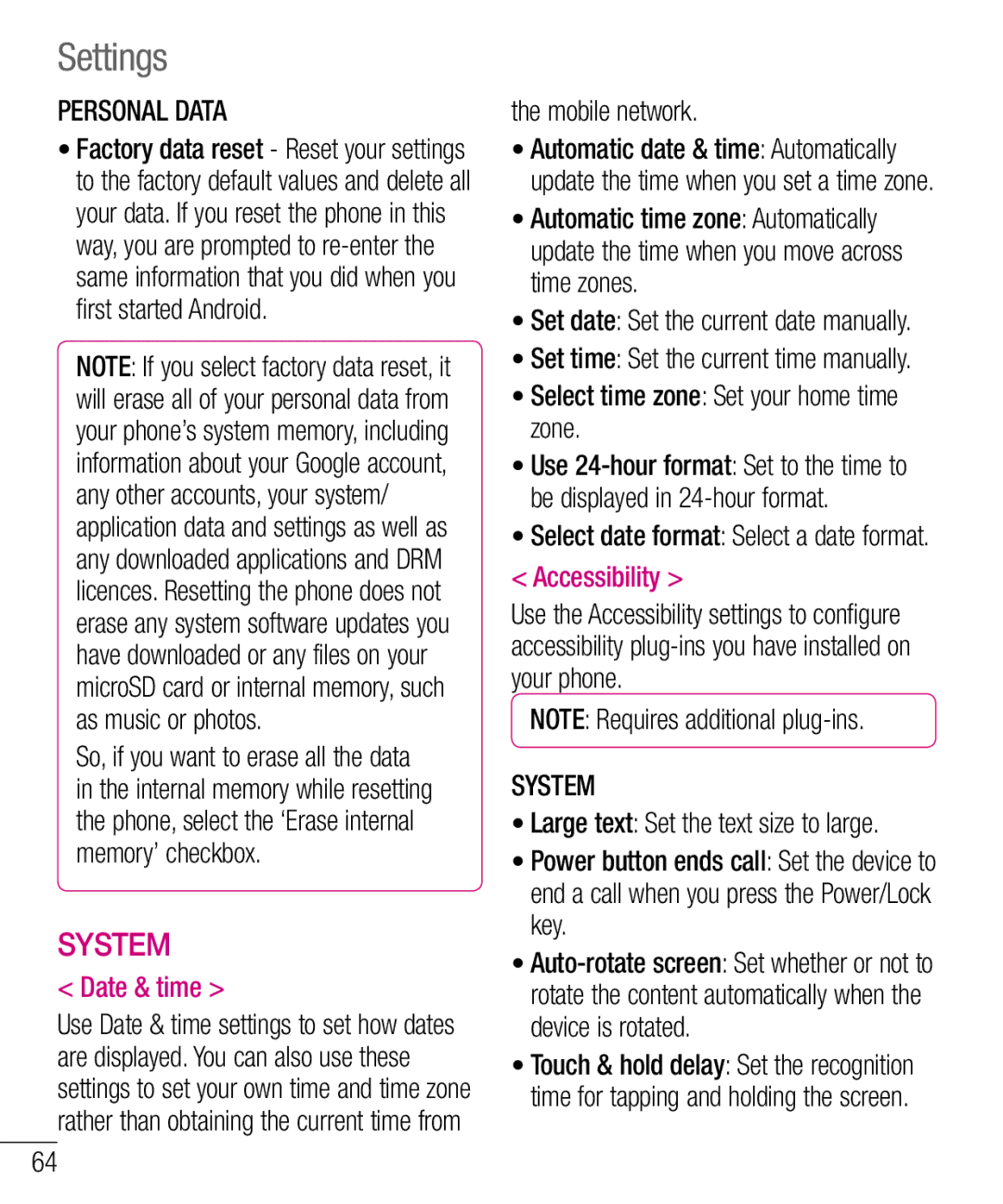 LG Electronics E610 manual Personal Data, Date & time, Mobile network, Accessibility, System 