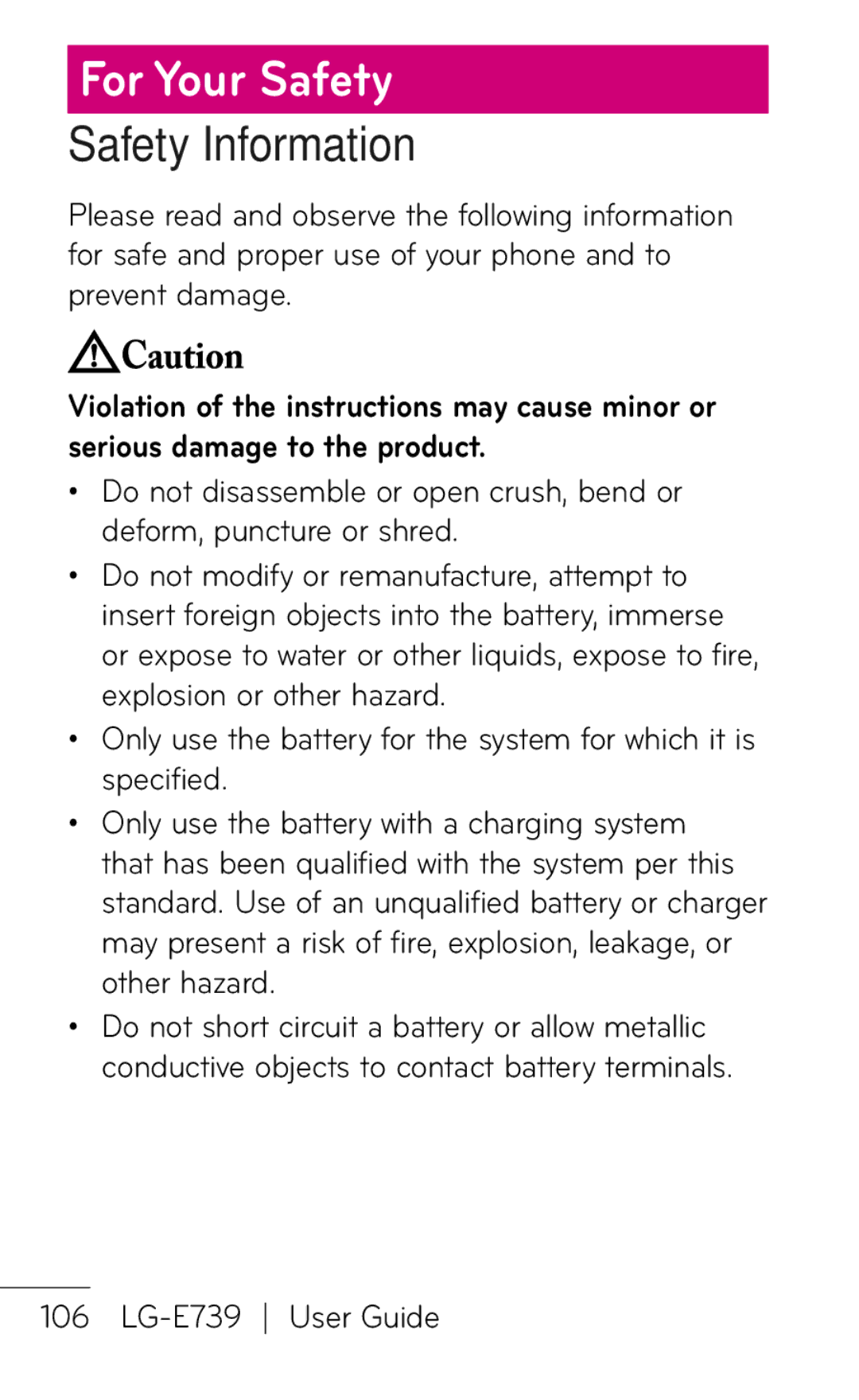 LG Electronics E739 manual For Your Safety, Safety Information 
