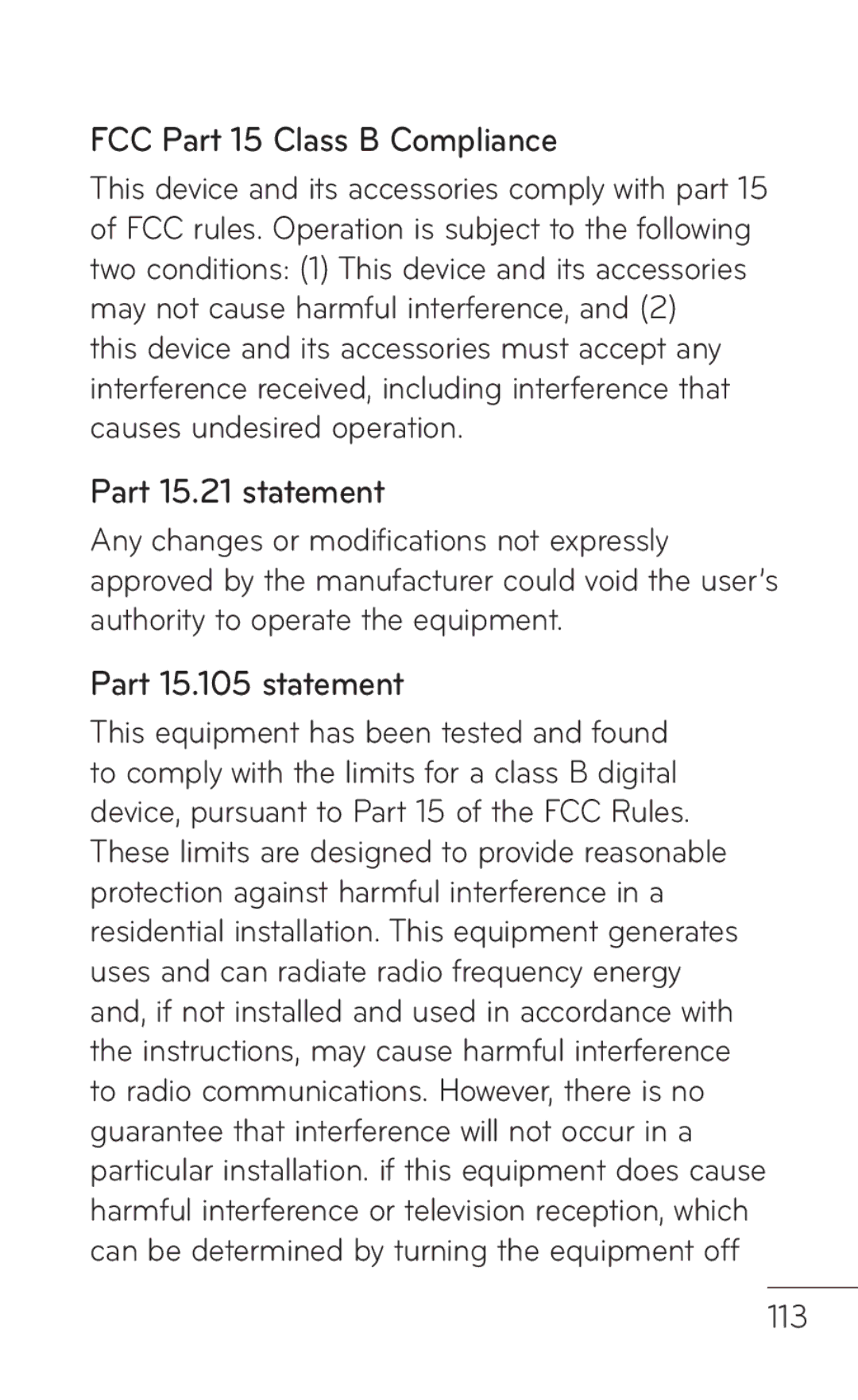 LG Electronics E739 manual FCC Part 15 Class B Compliance, Part 15.21 statement, Part 15.105 statement, 113 