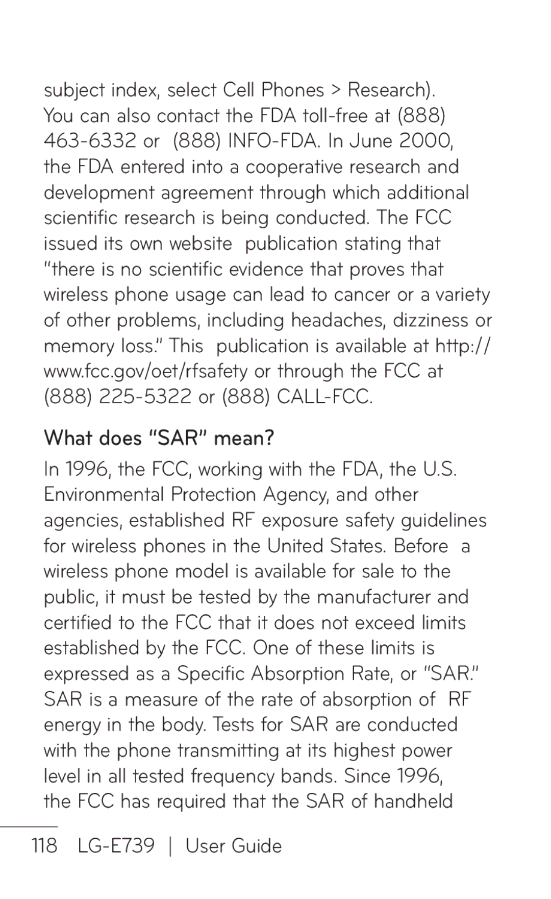 LG Electronics E739 manual What does SAR mean? 