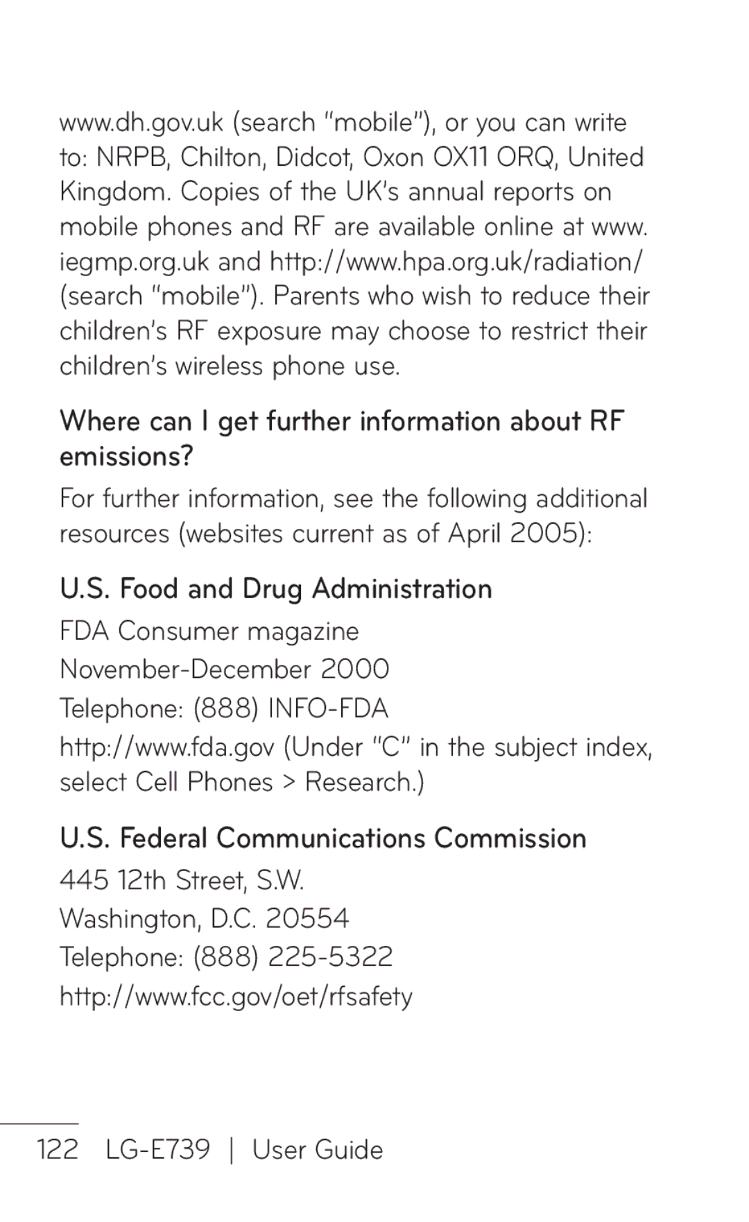 LG Electronics E739 manual Where can I get further information about RF emissions?, Food and Drug Administration 