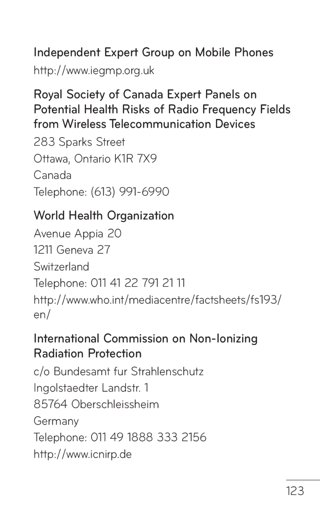 LG Electronics E739 manual Independent Expert Group on Mobile Phones, World Health Organization, 123 