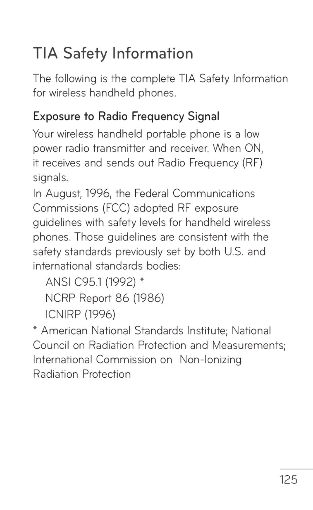 LG Electronics E739 manual TIA Safety Information, Exposure to Radio Frequency Signal 