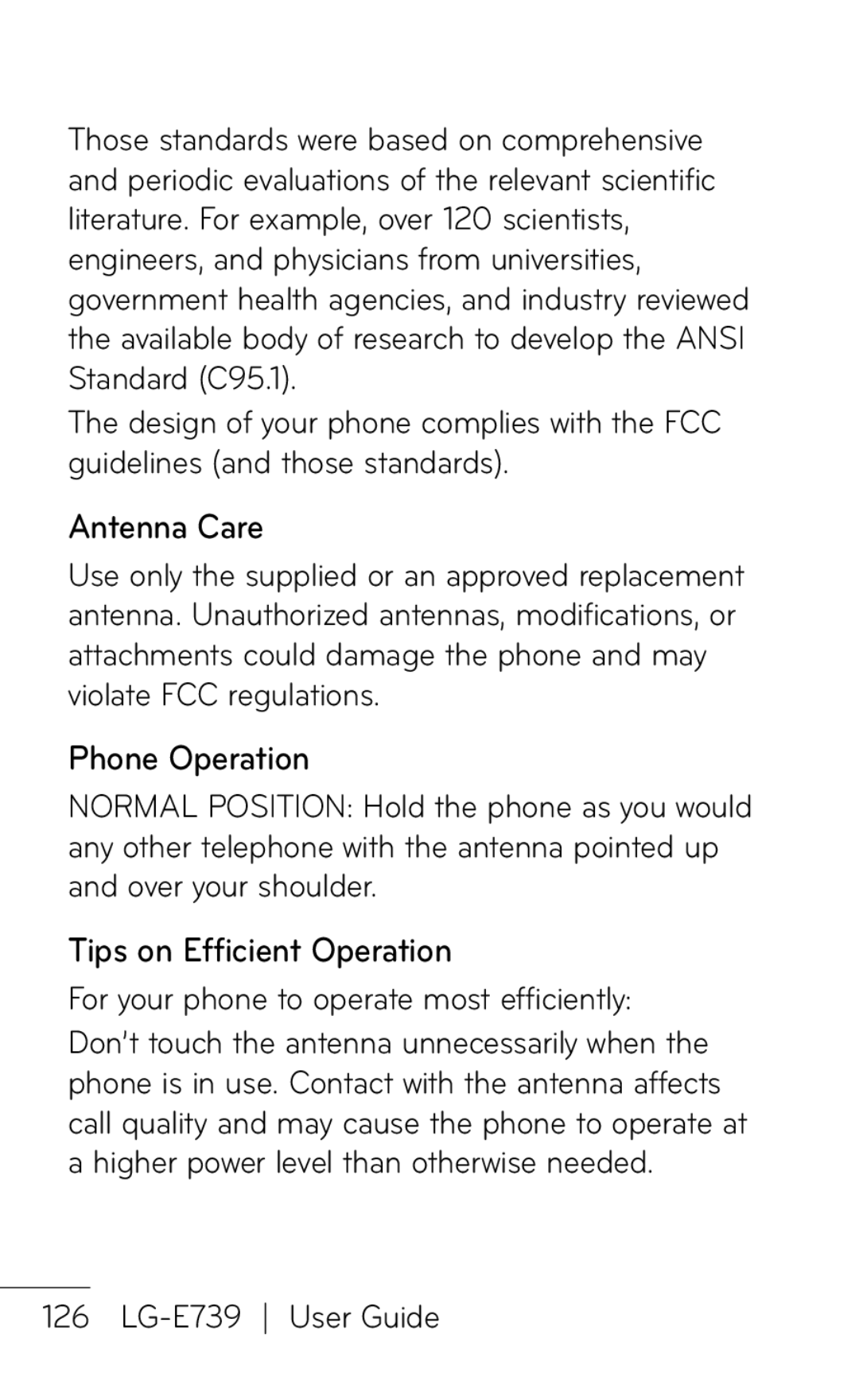 LG Electronics E739 Antenna Care, Phone Operation, Tips on Efficient Operation, For your phone to operate most efficiently 