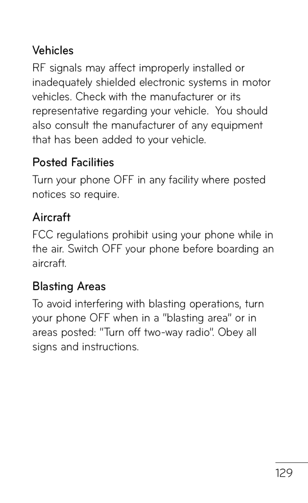 LG Electronics E739 manual Vehicles, Posted Facilities, Aircraft, Blasting Areas 