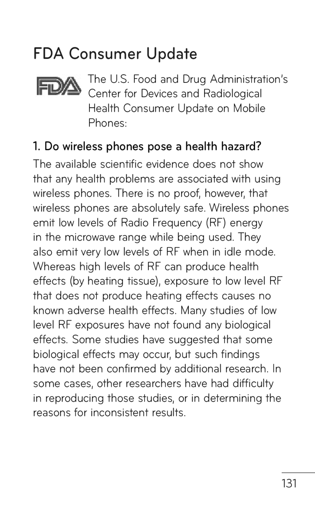 LG Electronics E739 manual Do wireless phones pose a health hazard?, 131 