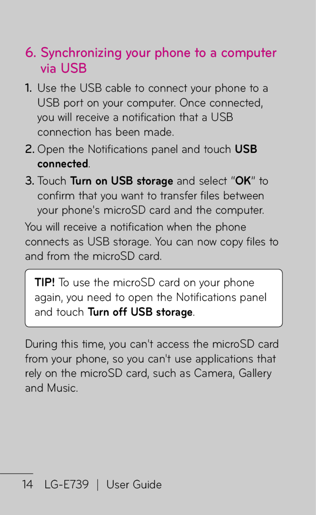 LG Electronics E739 manual Synchronizing your phone to a computer via USB 