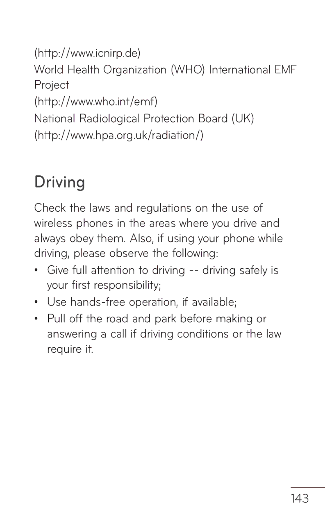 LG Electronics E739 manual Driving, World Health Organization WHO International EMF Project 