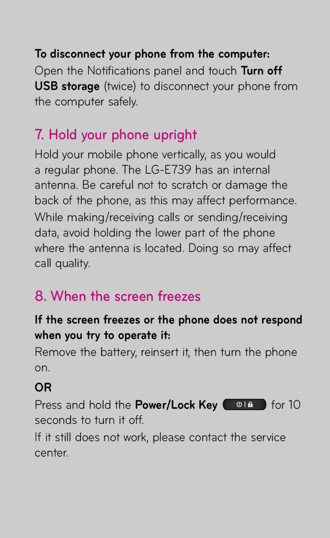 LG Electronics E739 manual Hold your phone upright, When the screen freezes, To disconnect your phone from the computer 