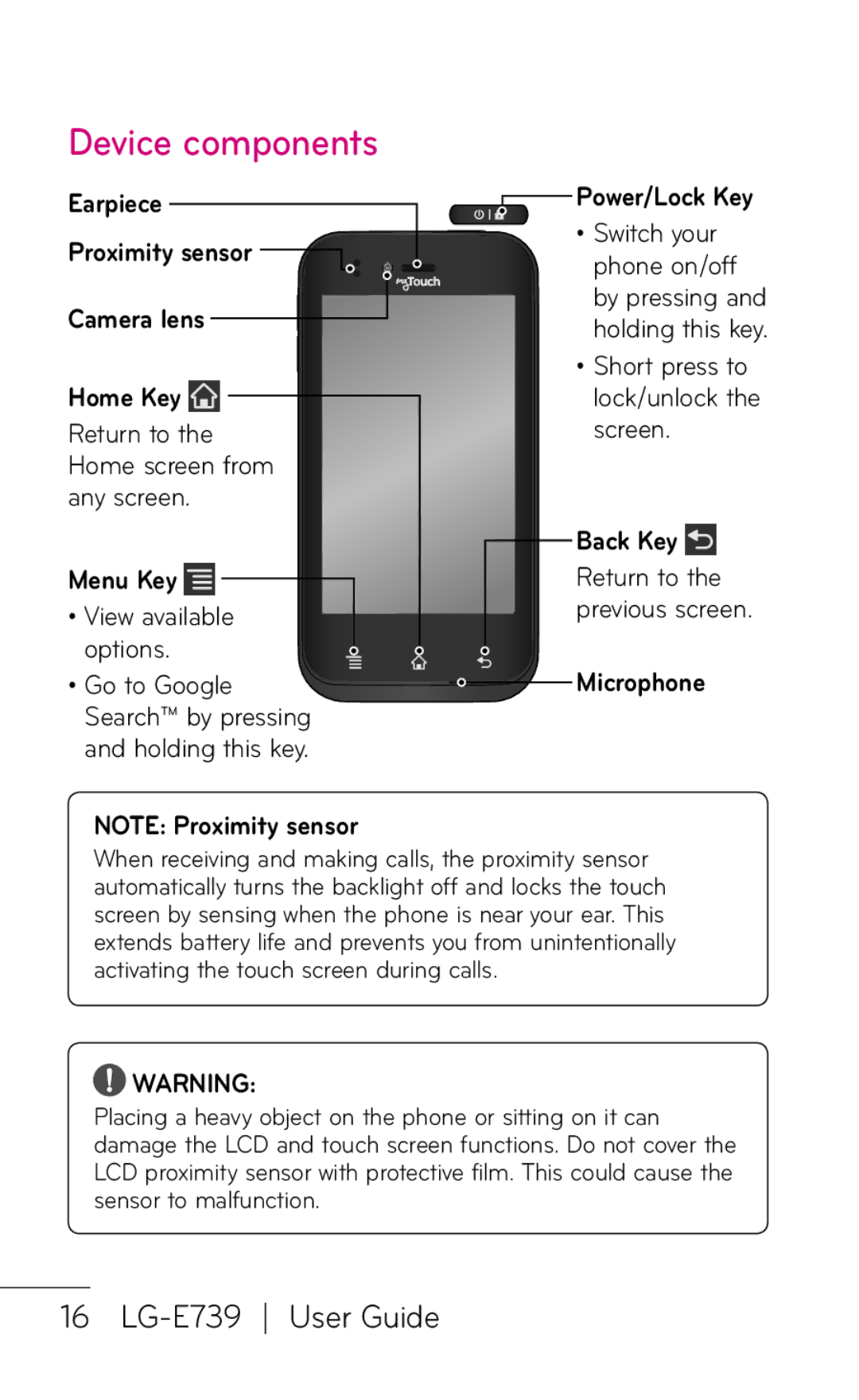 LG Electronics E739 manual Device components, Power/Lock Key 