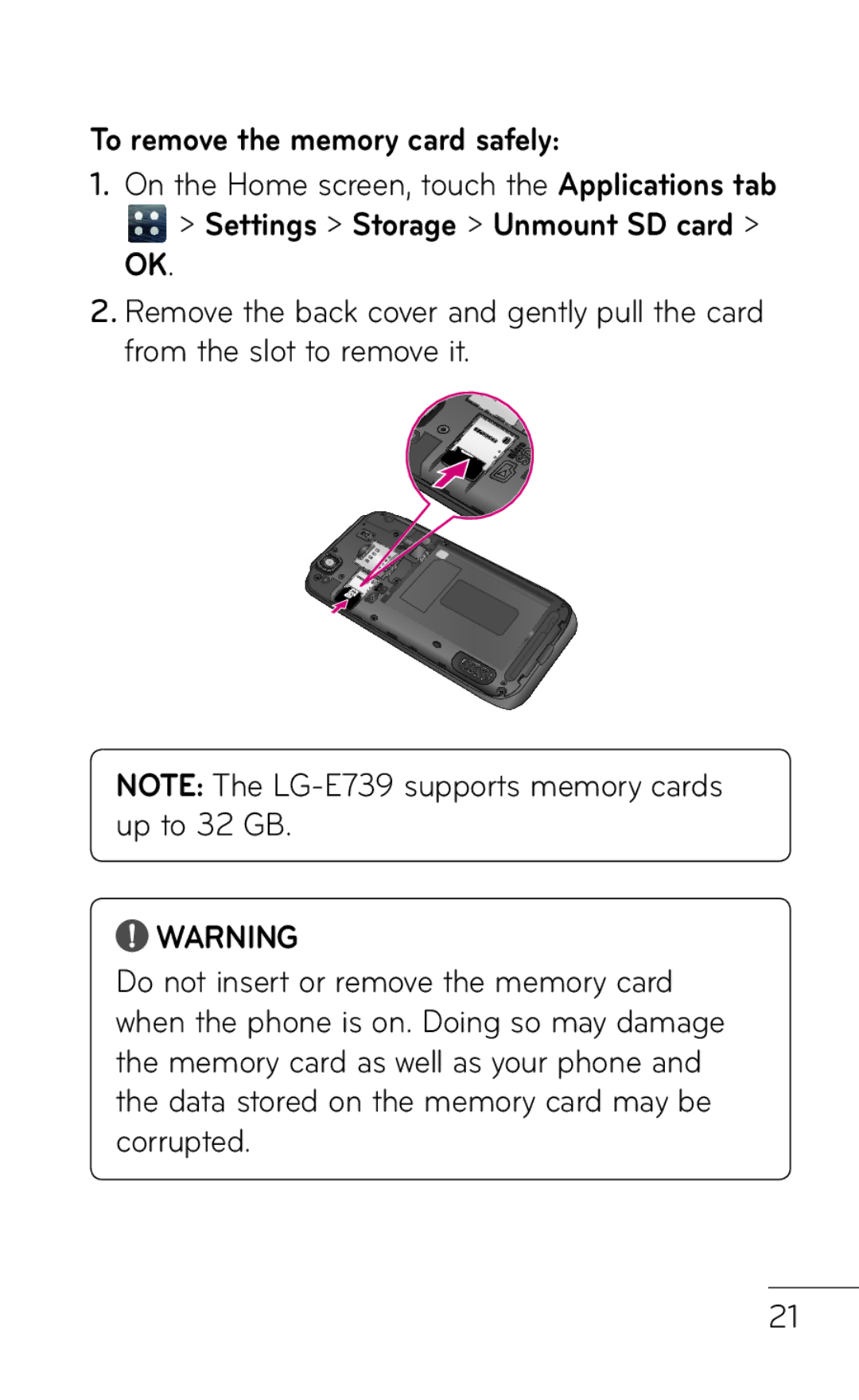 LG Electronics E739 manual To remove the memory card safely, On the Home screen, touch the Applications tab 