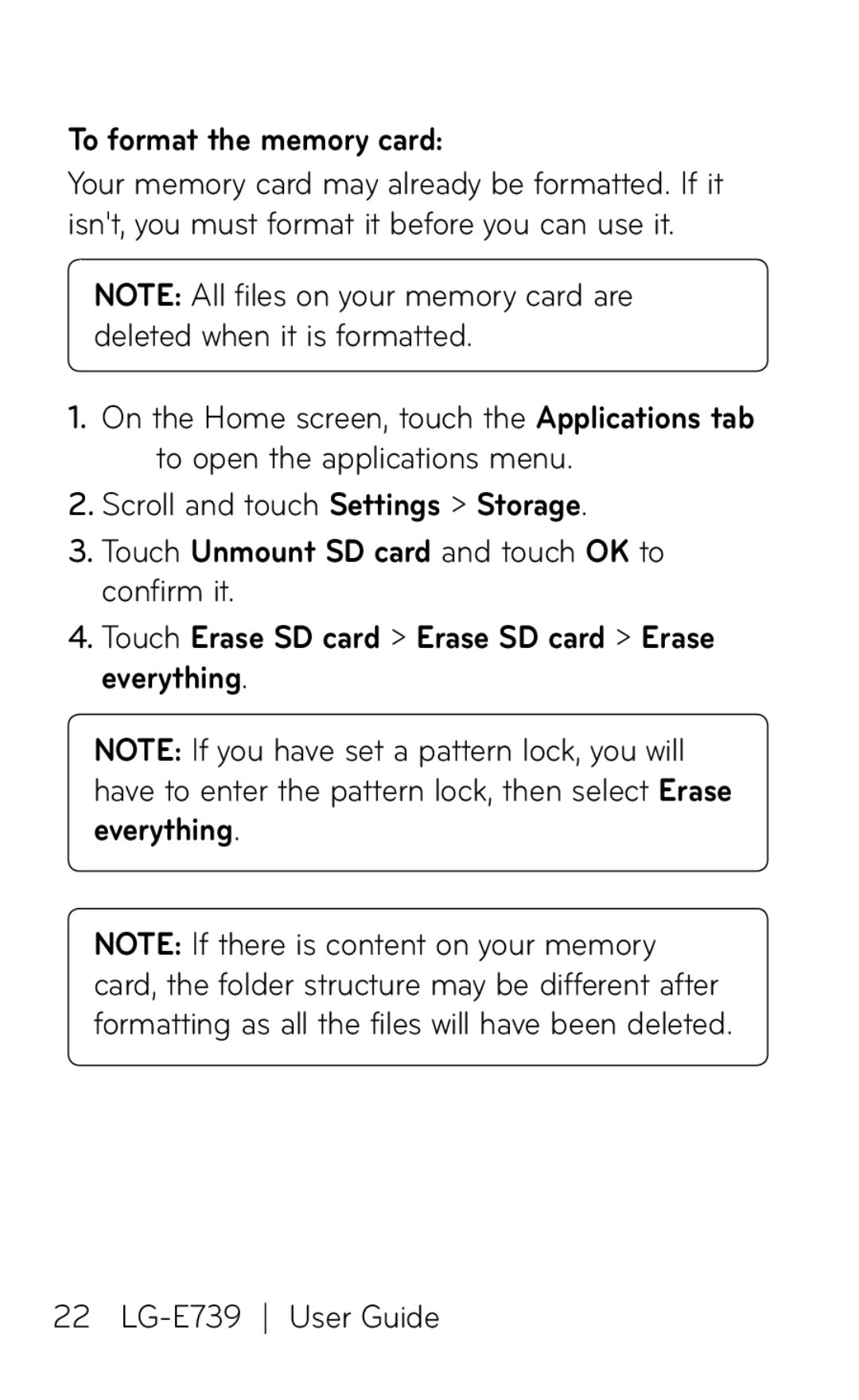 LG Electronics E739 manual To format the memory card, Touch Erase SD card Erase SD card Erase everything 