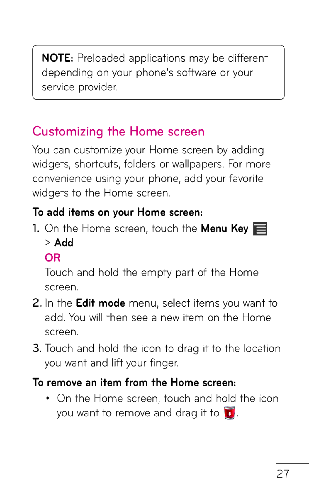 LG Electronics E739 Customizing the Home screen, To add items on your Home screen, To remove an item from the Home screen 