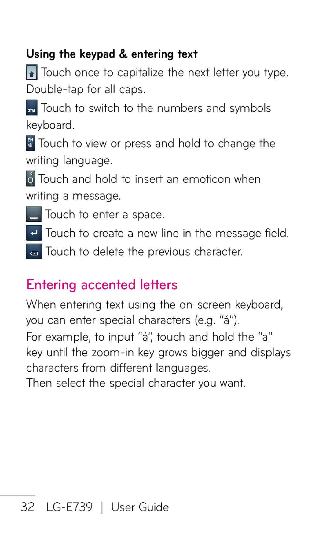 LG Electronics E739 manual Entering accented letters, Using the keypad & entering text 