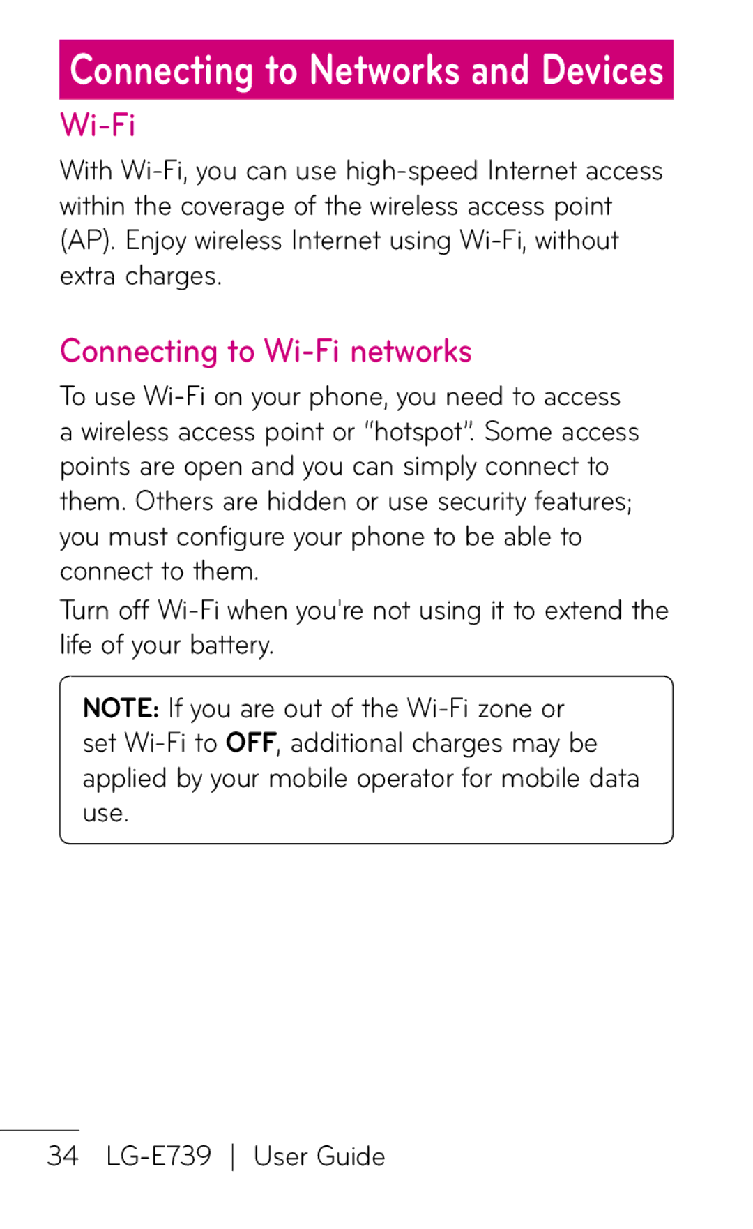LG Electronics E739 manual Connecting to Wi-Fi networks 