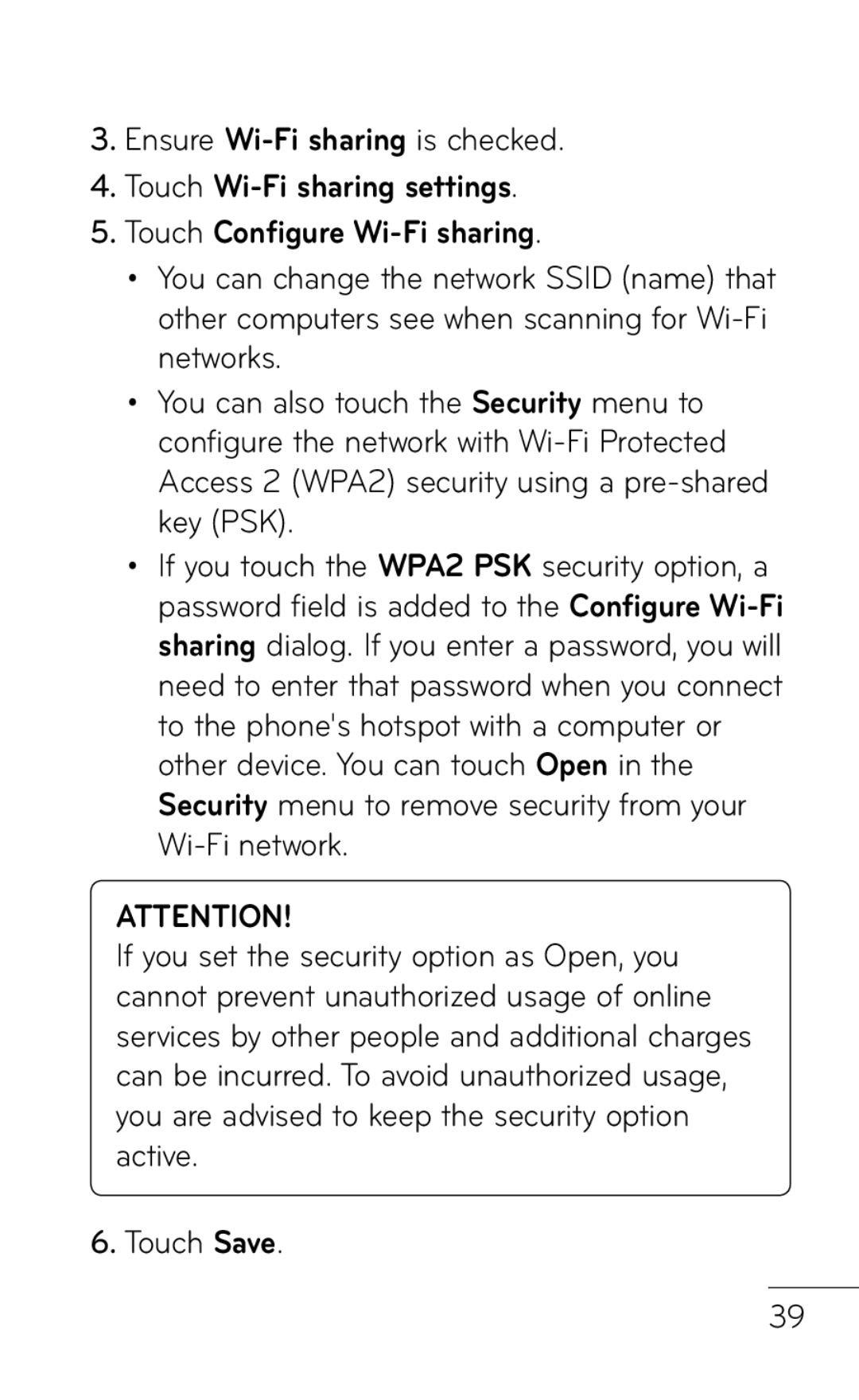 LG Electronics E739 manual Ensure Wi-Fi sharing is checked, Touch Wi-Fi sharing settings Touch Configure Wi-Fi sharing 