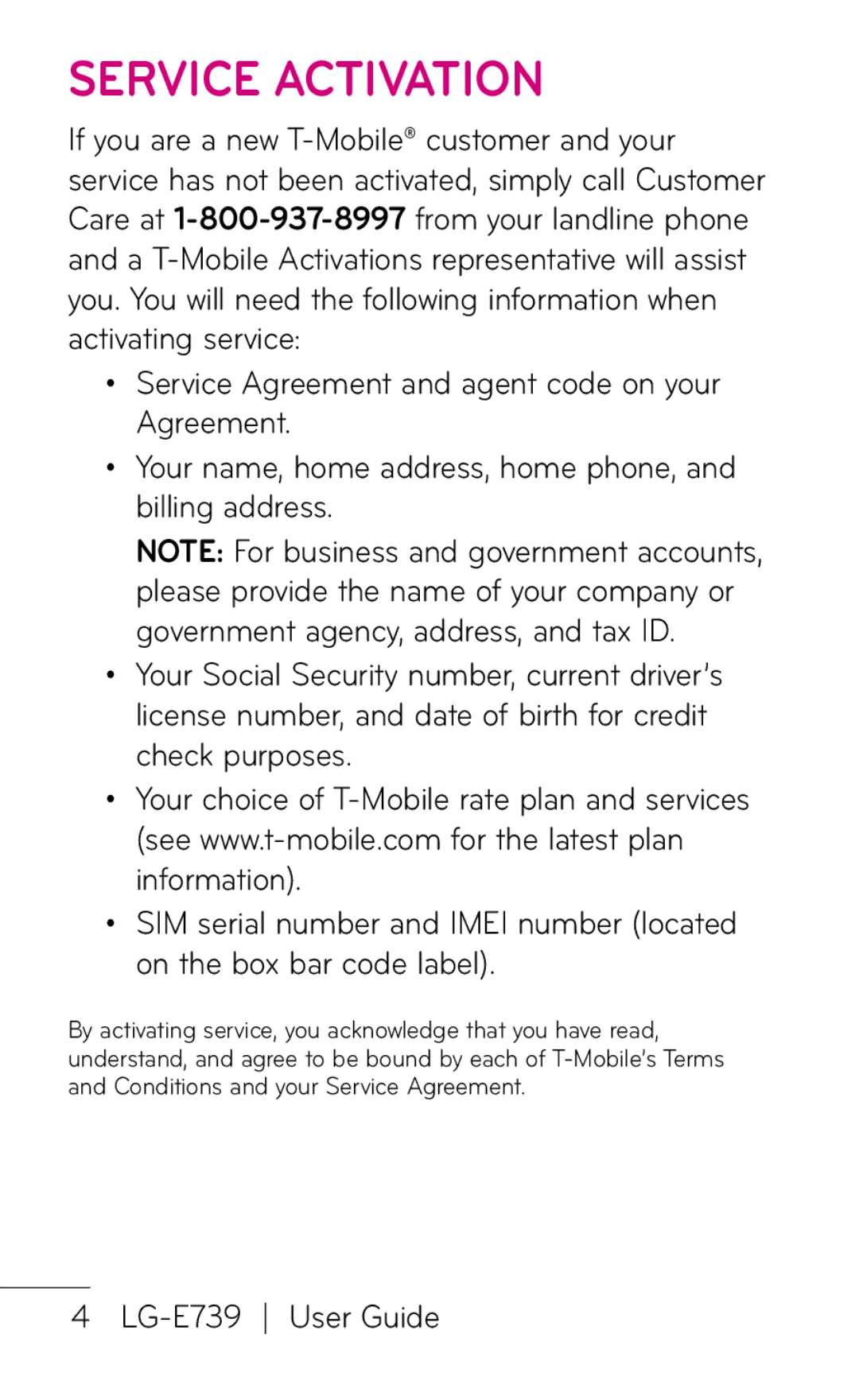 LG Electronics manual Service Activation, LG-E739 User Guide 