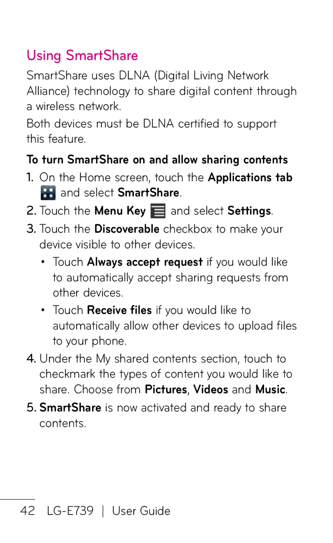LG Electronics E739 manual Using SmartShare 
