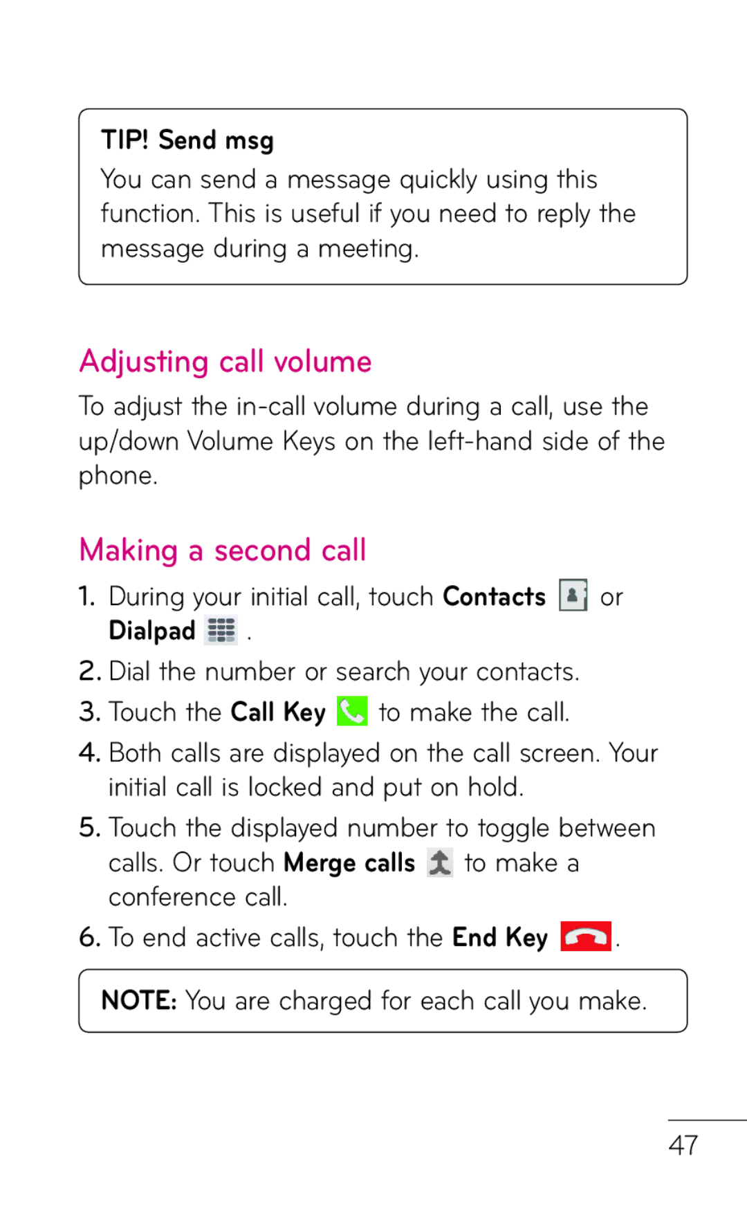 LG Electronics E739 manual Adjusting call volume, Making a second call, TIP! Send msg 