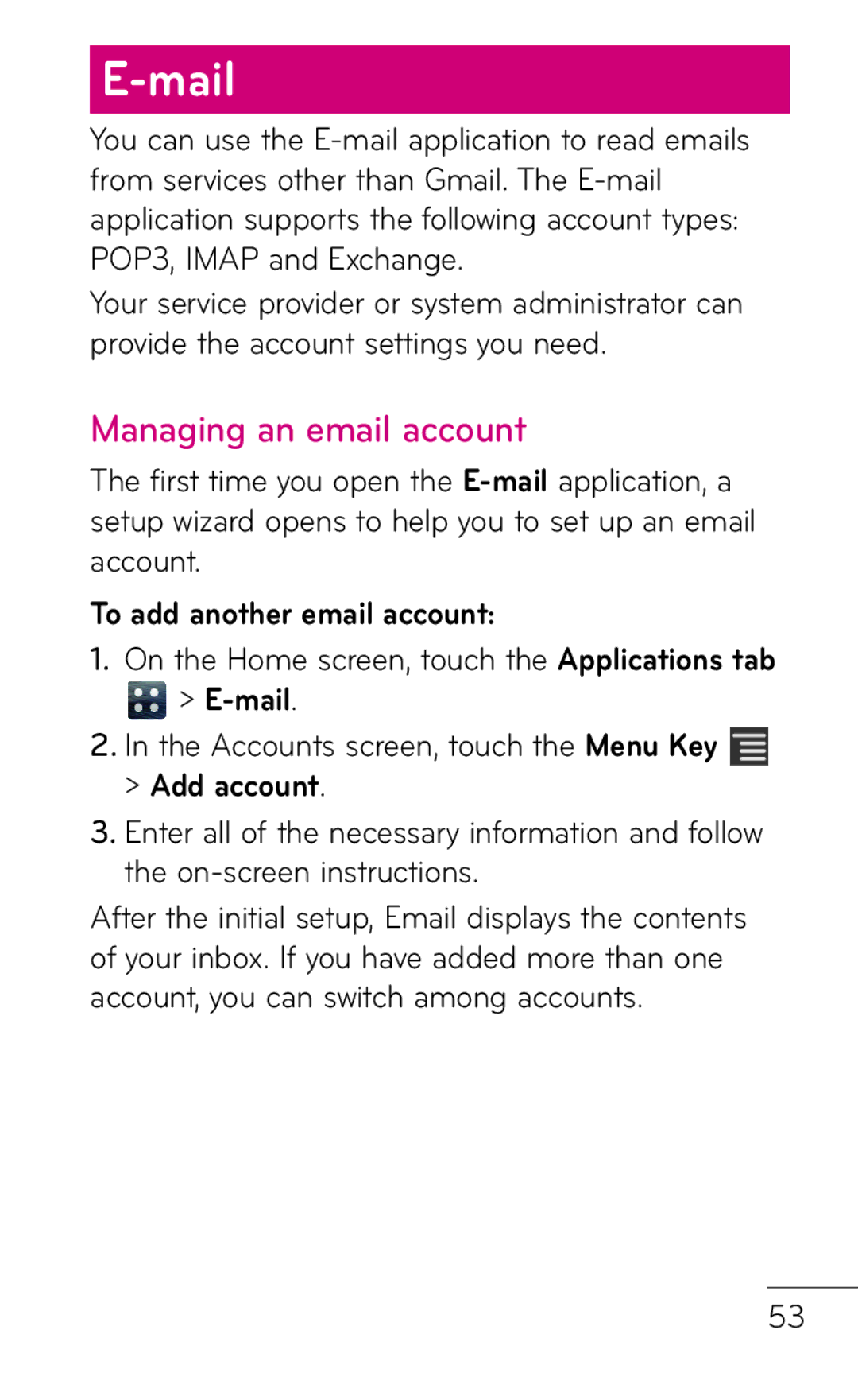 LG Electronics E739 manual Mail, Managing an email account, To add another email account, Add account 