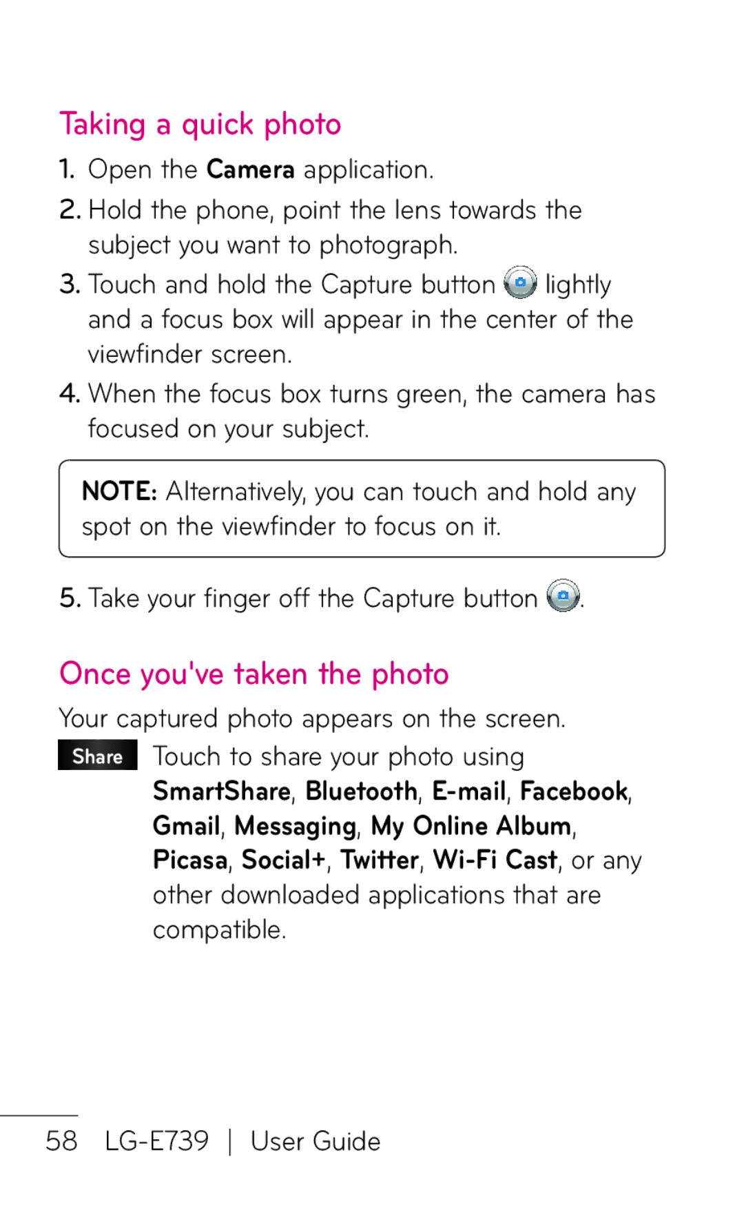 LG Electronics E739 manual Taking a quick photo, Once youve taken the photo, Your captured photo appears on the screen 