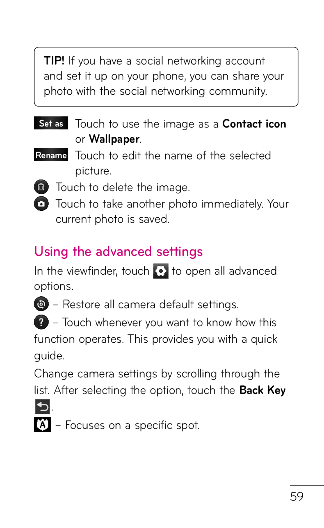 LG Electronics E739 manual Using the advanced settings, Viewfinder, touch 